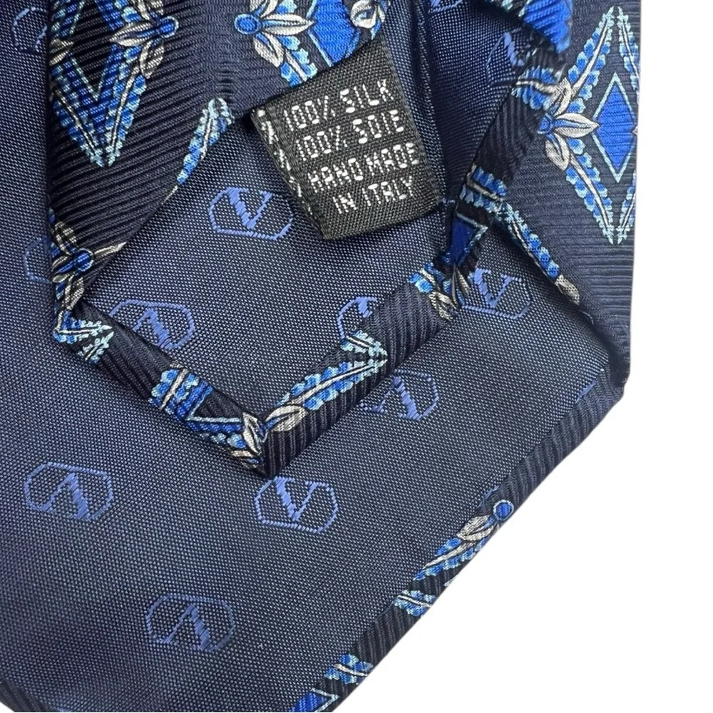 Valentino Navy Blue Diamond Print‎ Silk Tie